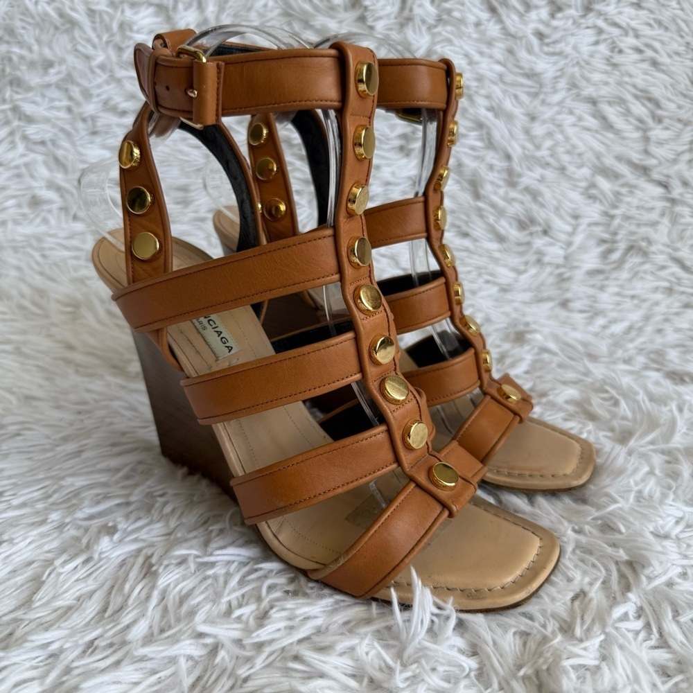 Balenciaga Brown Leather Gladiator Wedge Sandals with Gold Studs Size 38.5